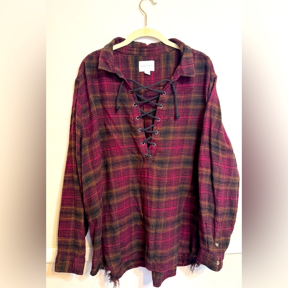 American Eagle Outfitters Tops - American Eagle | Distressed Flannel Lace Up Pullover Shirt | Size XXL